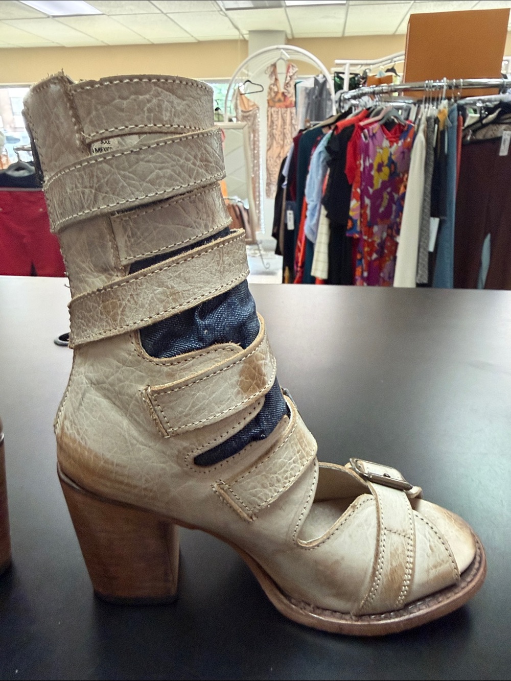 freebird Cream Strappy Buckle Open-Toe Heeled Boots with Denim Inset - Picture 13 of 15